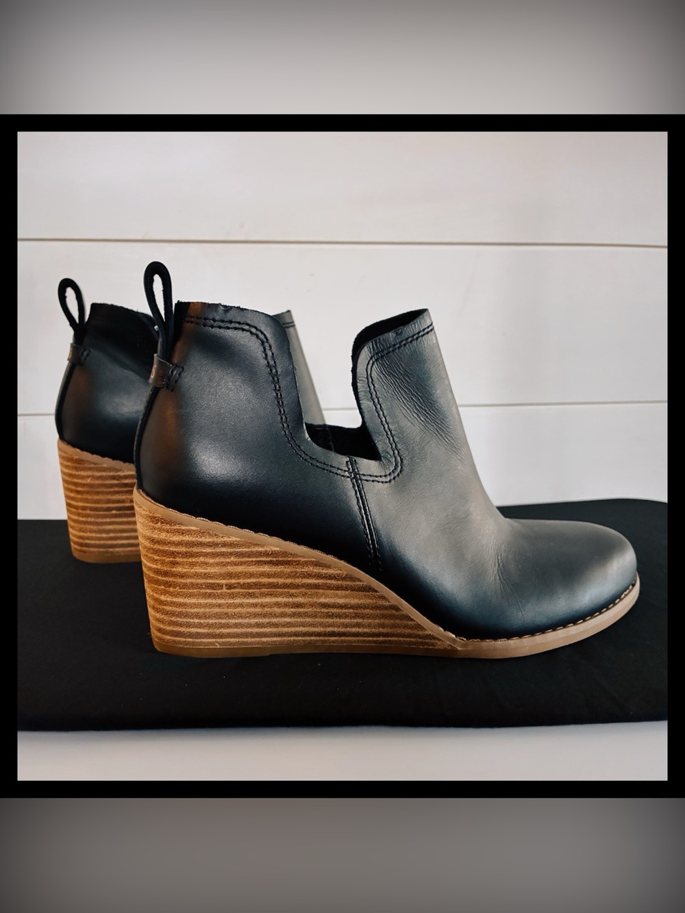 TOMS Kallie Black Leather Cutout Stacked Wedge Ankle Boots